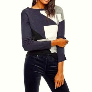 Ann Taylor Black Navy Gray Color Block Abstract Cashmere Wool Blend Sweater Sz S